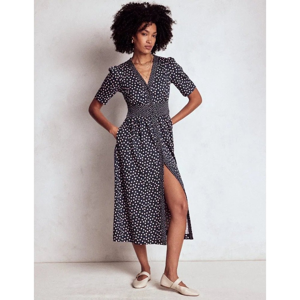 Boden Natalia Jersey Tea Dress 20-22R Navy Blue Polka Dot Cottagecore Vacation